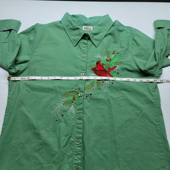 Collections ETC. Women's Embroidered Red Cardinals On Branch Button Down Top LG - Picture 7 of 9